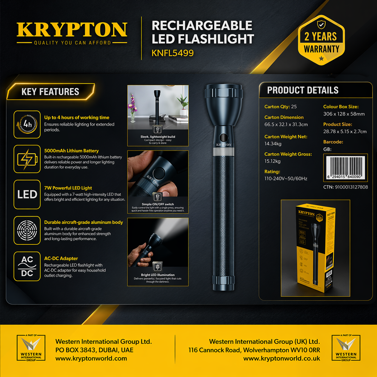Krypton Rechargeable LED Flashlight KNFL5499 | 5000mAh Battery | 7W LED | 4 Hours Backup