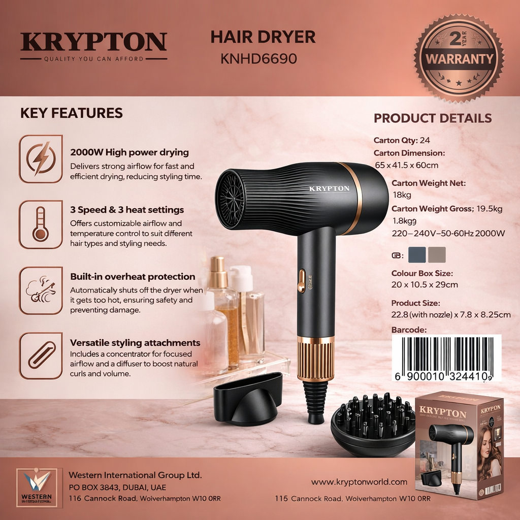 Krypton Hair Dryer KNHD6690 | 2000W | 3 Heat Settings | Overheat Protection | Professional Styling