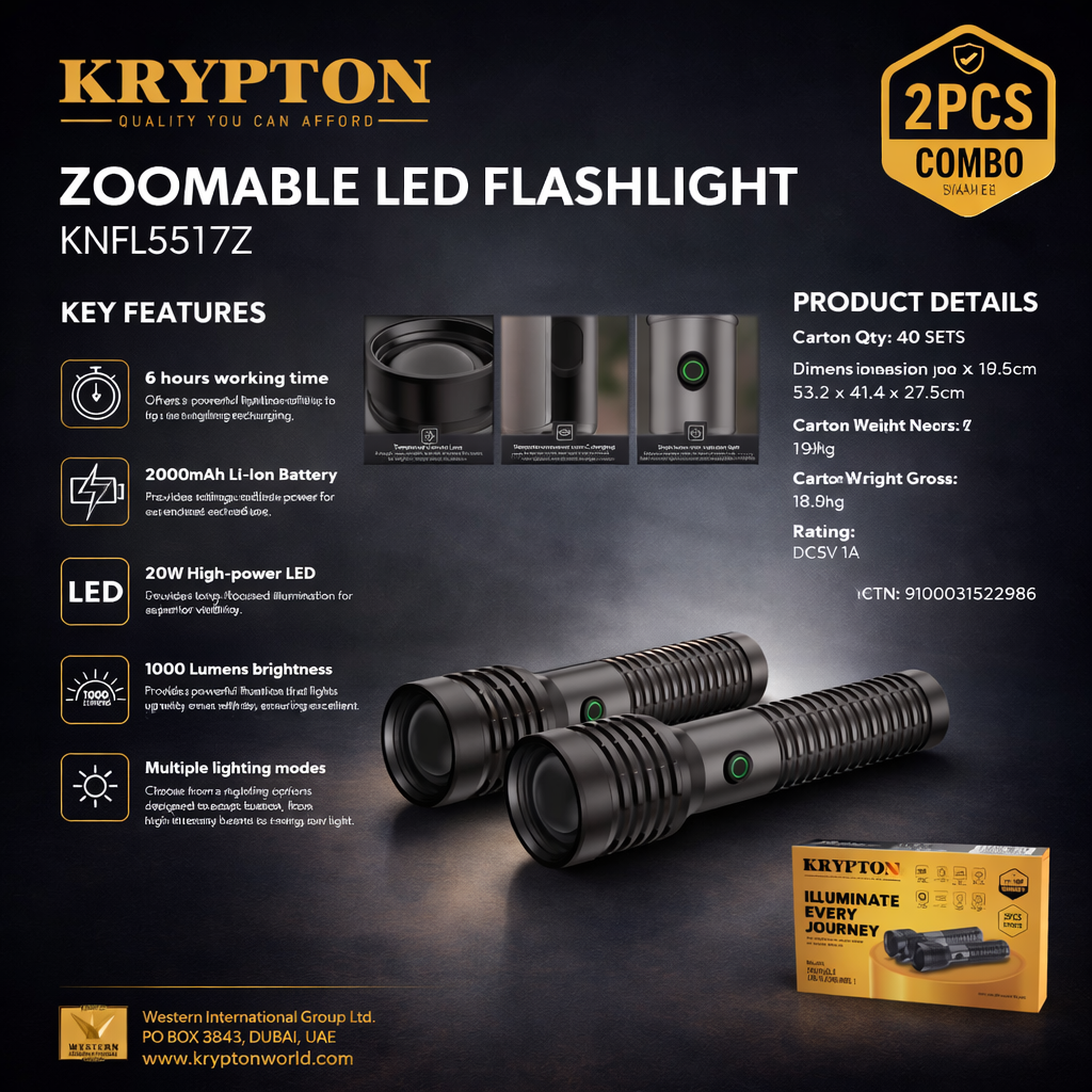 Krypton Zoomable LED Flashlight 2PCS Combo KNFL5517Z | 1000 Lumens | Rechargeable Torch