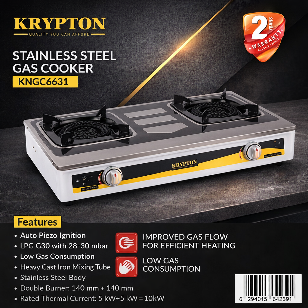 Krypton Stainless Steel Gas Cooker KNGC6631 | Double Burner | Auto Ignition | Low Gas Consumption