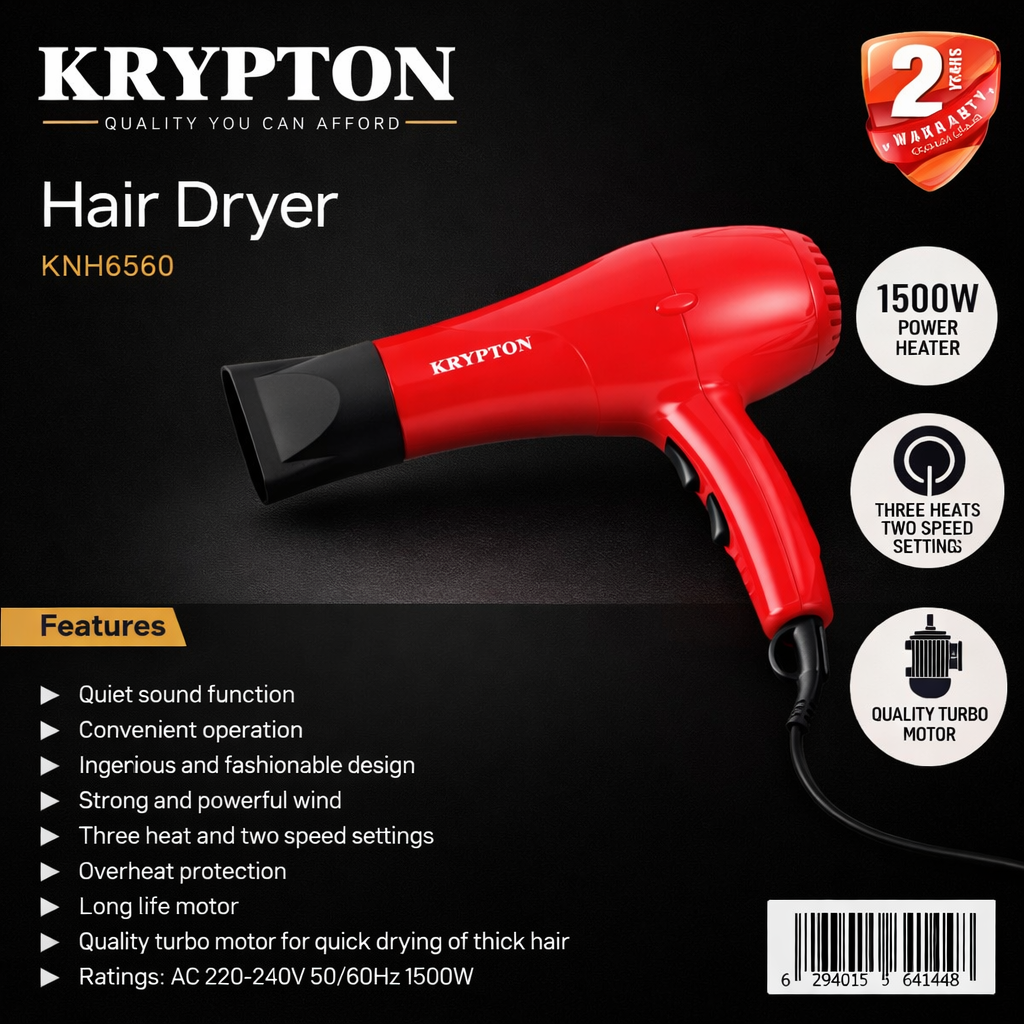 Krypton Hair Dryer KNH6560 | 1500W Turbo Motor | 3 Heat & 2 Speed Settings