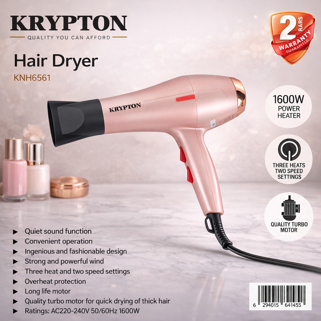 Krypton Hair Dryer KNH6561 | 1600W Turbo Motor | 3 Heat & 2 Speed Settings