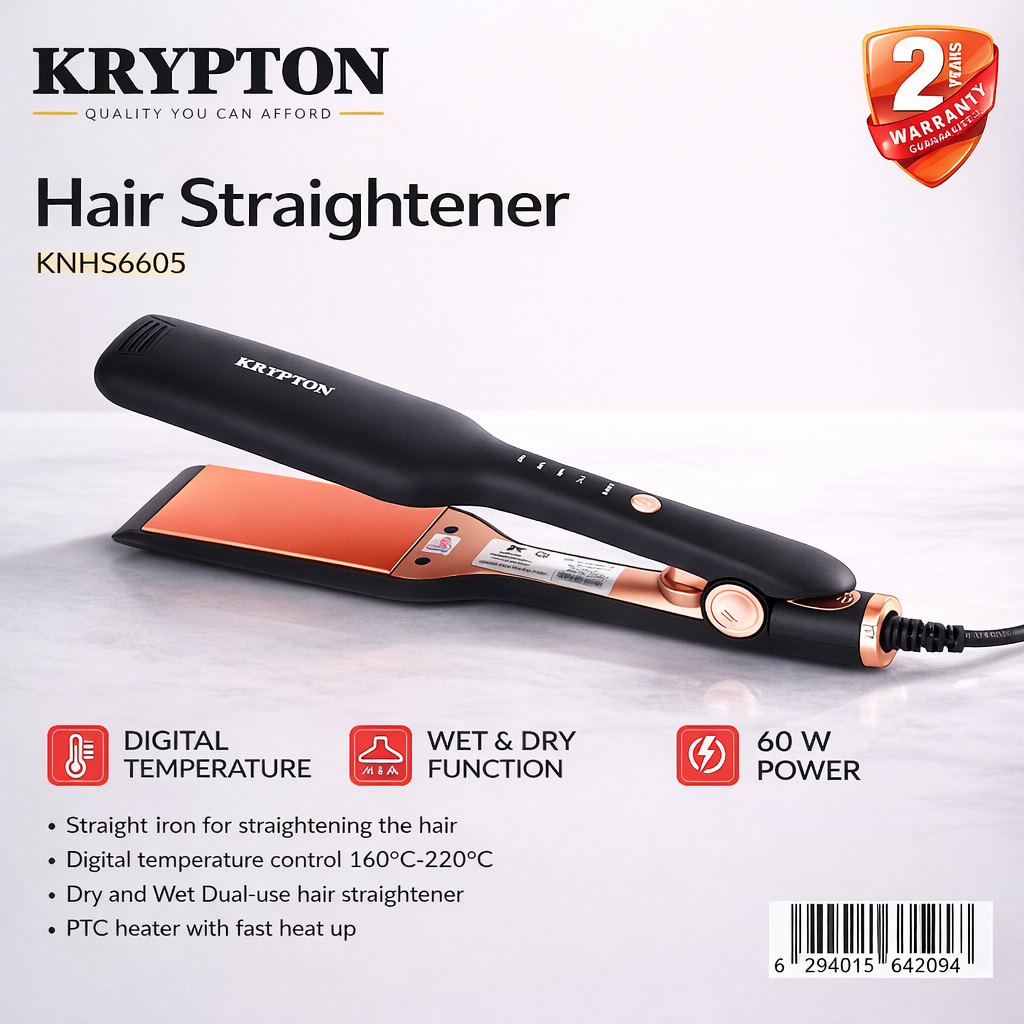 Krypton Hair Straightener KNHS6605 | Digital Temperature Control | Wet & Dry Use | 60W
