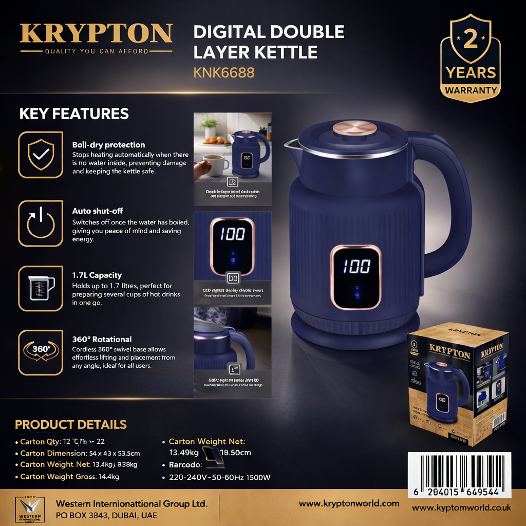 Krypton Digital Double Layer Kettle KNK6688 | 1.7L | LED Display | Auto Shut-Off | 1500W