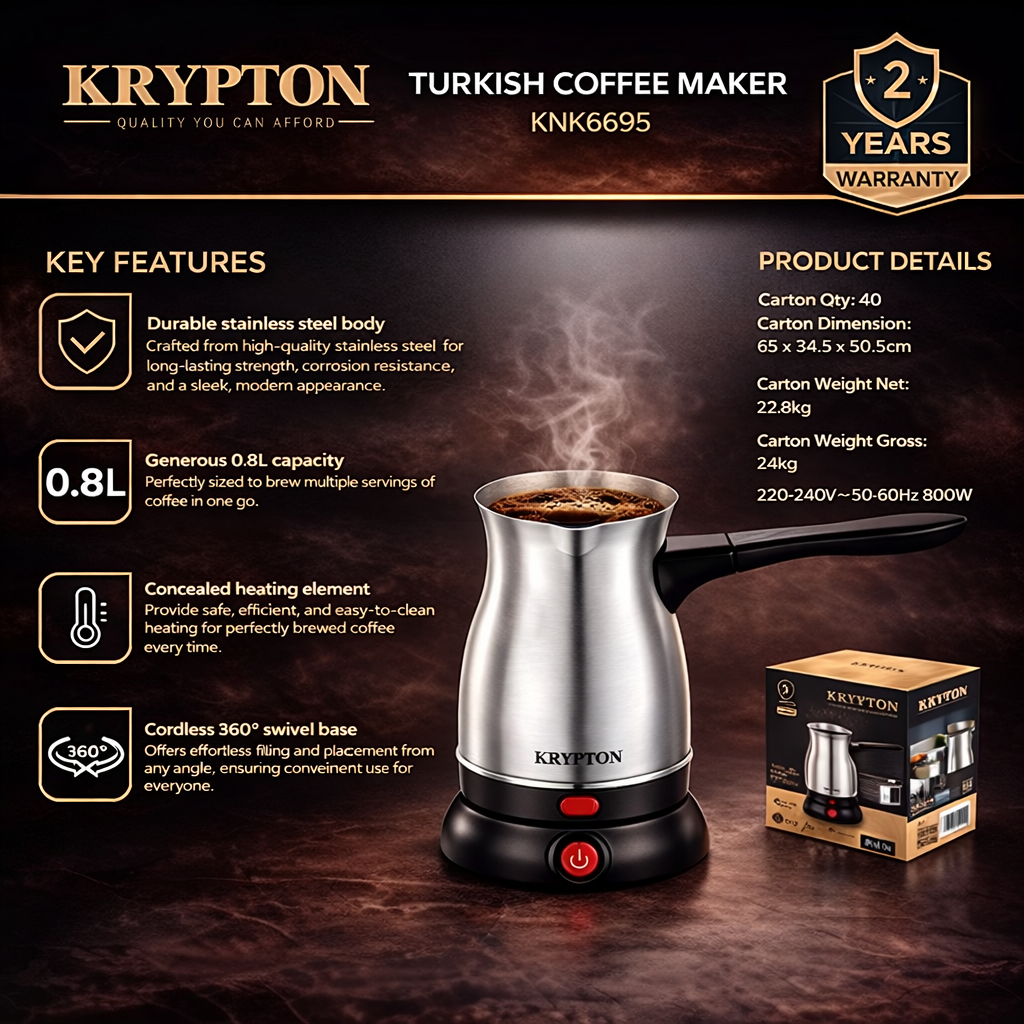Krypton Turkish Coffee Maker KNK6695 | 0.8L Capacity | 800W | Stainless Steel Coffee Pot