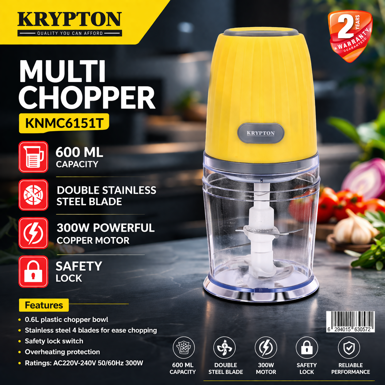 Krypton Multi Chopper KNMC6151T | 600ML | 300W Copper Motor | Stainless Steel Blade