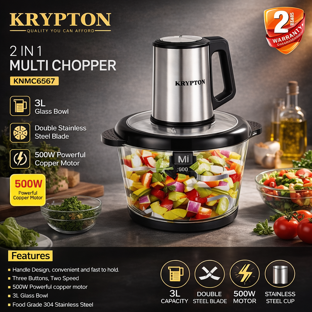 Krypton 2-in-1 Multi Chopper KNMC6567 | 3L Glass Bowl | 500W Motor | Stainless Steel Blade