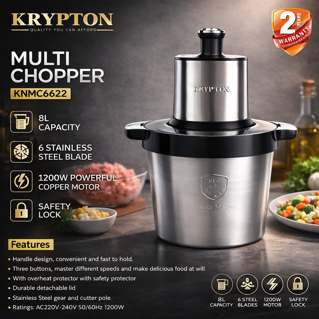 Krypton Multi Chopper KNMC6622 | 8L Stainless Steel Bowl | 1200W Copper Motor | 6 Blade