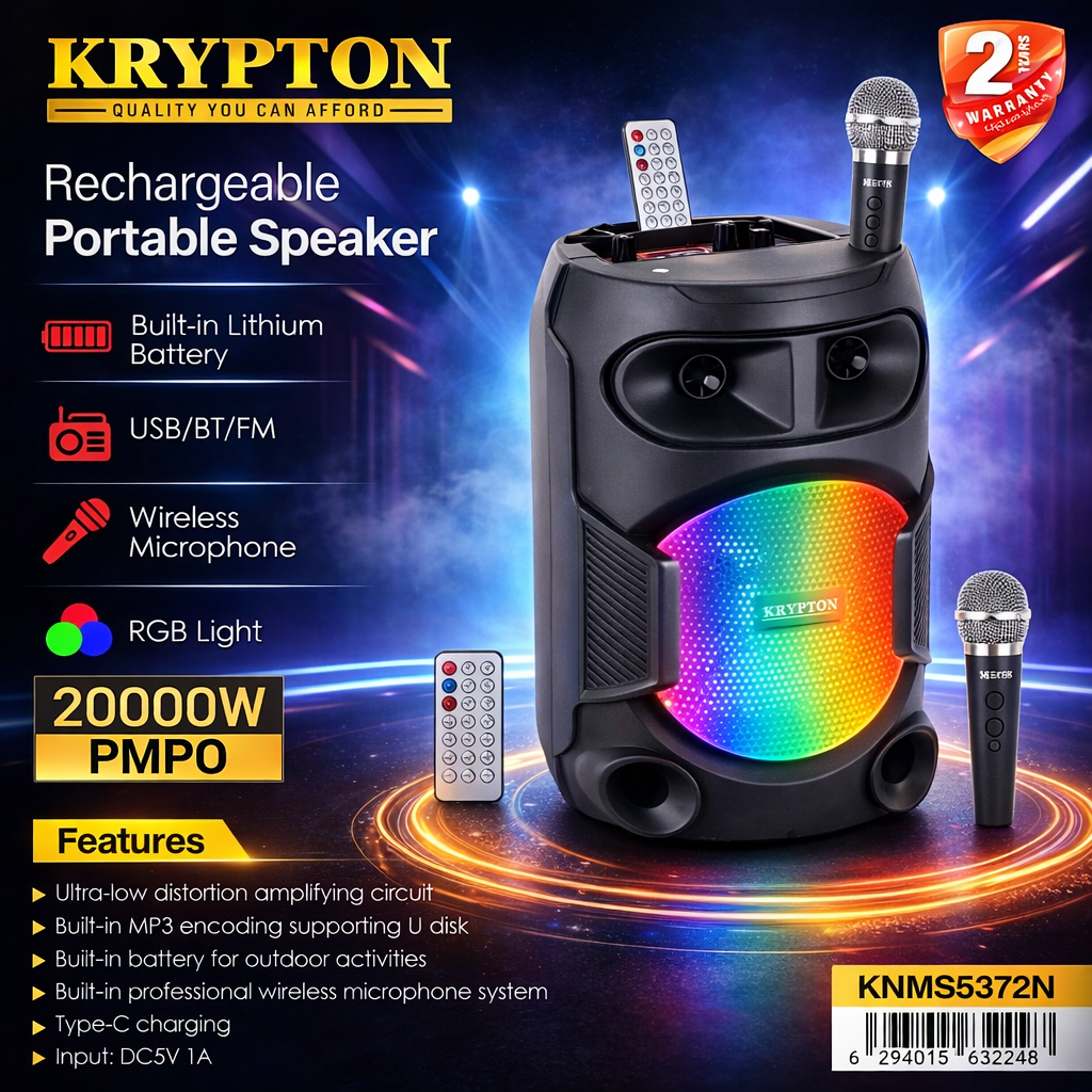 Krypton Rechargeable Portable Speaker KNMS5372N | Wireless Mic | RGB Light | Bluetooth Speaker