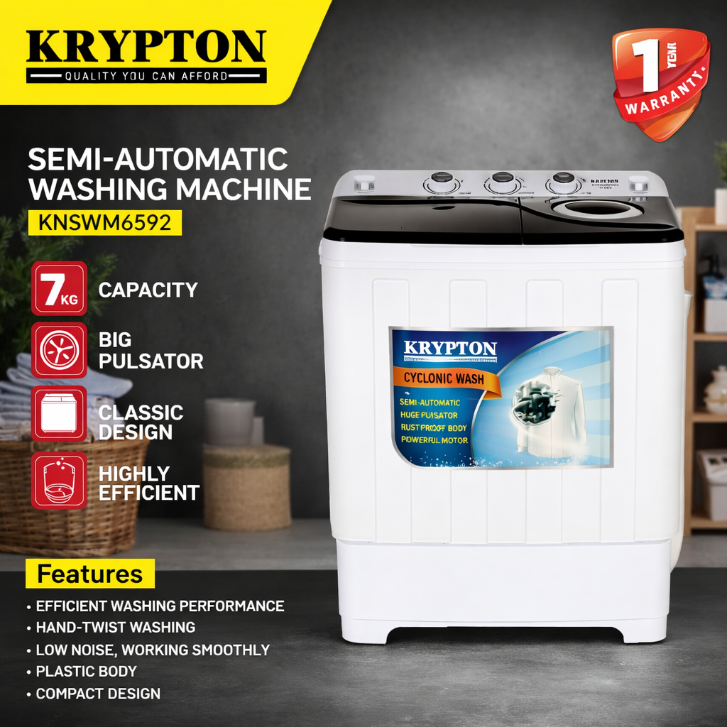 Krypton Semi-Automatic Washing Machine KNSWM6592 | 7KG Capacity | Big Pulsator | Compact Washer