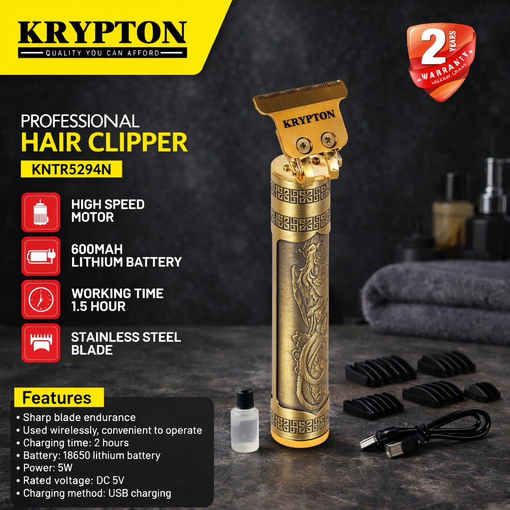 Krypton Professional Hair Clipper KNTR5294N | Vintage Metal Design | 18650 Lithium Battery | USB Trimmer