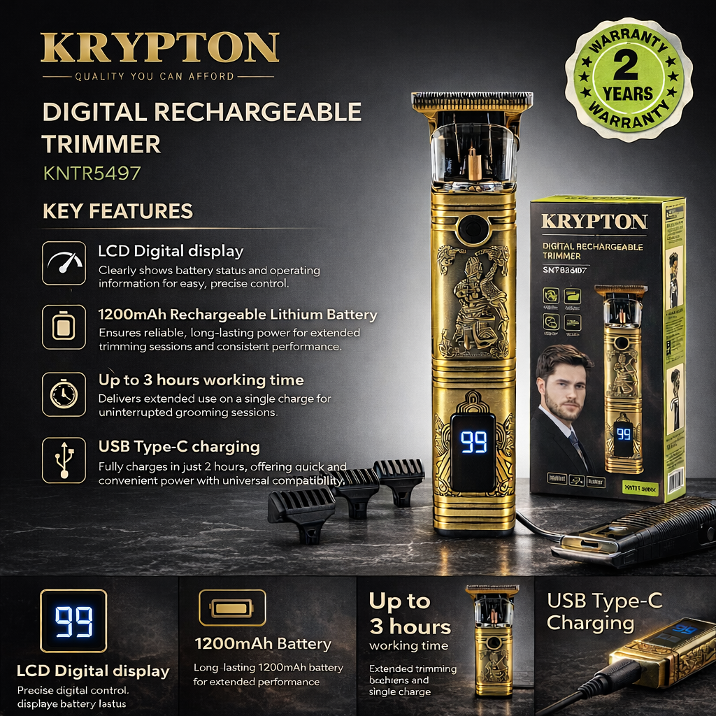 Krypton Digital Rechargeable Trimmer KNTR5497 | LCD Display | Type-C Charging | 3 Hours Use