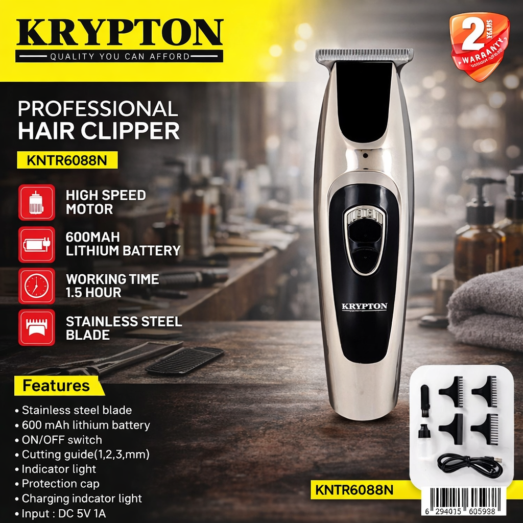 Krypton Professional Hair Clipper KNTR6088N | Lithium Battery | Stainless Steel Blade | USB Rechargeable