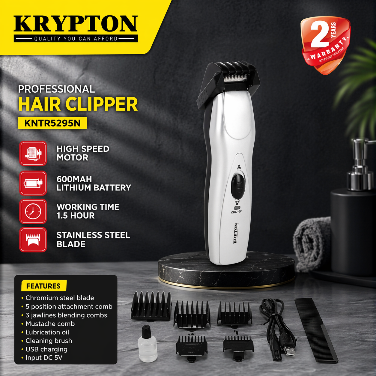 Krypton Professional Hair Clipper KNTR5295N | Lithium Battery | Stainless Steel Blade | USB Rechargeable