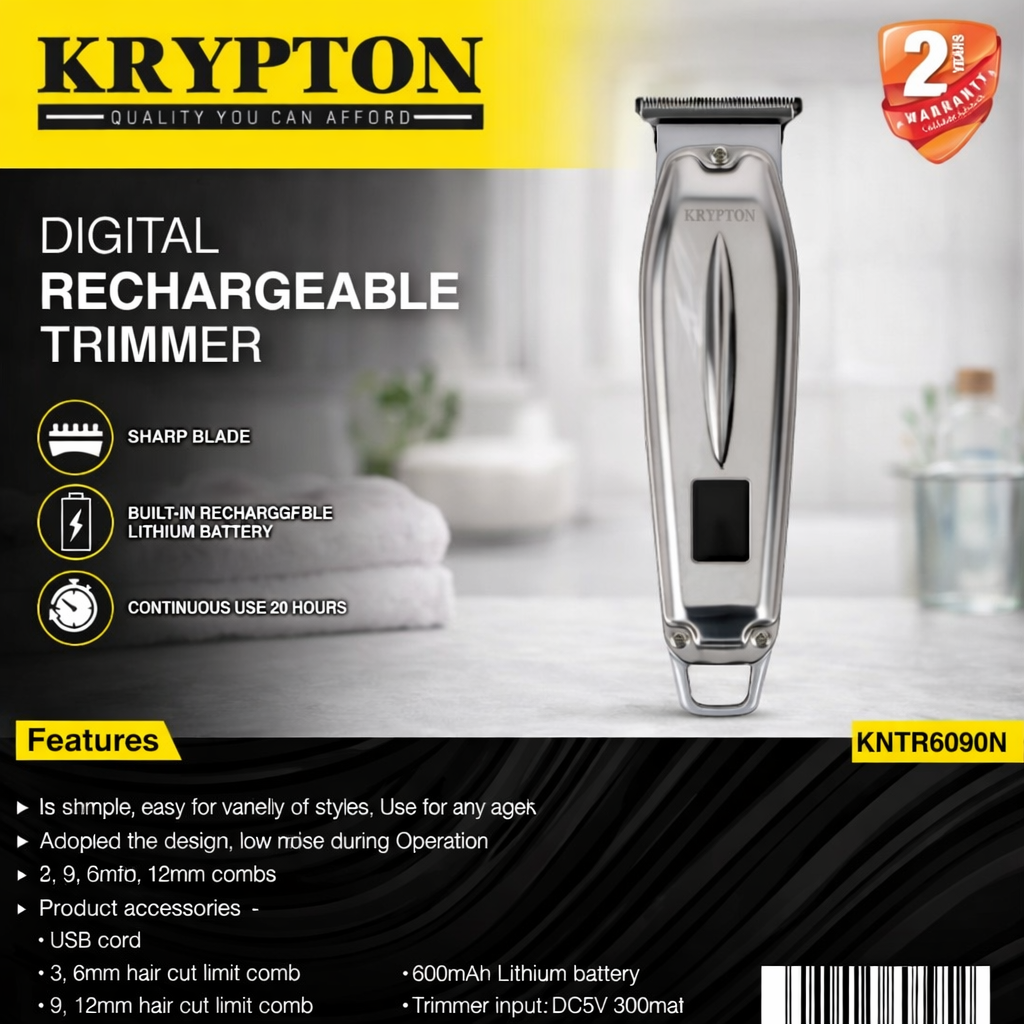 Krypton Digital Rechargeable Trimmer KNTR6090N | Lithium Battery | 20H Runtime | Hair Clipper