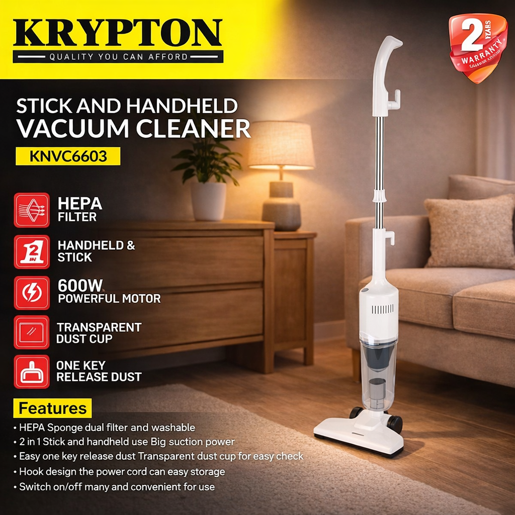 Krypton Stick & Handheld Vacuum Cleaner KNVC6603 | 600W Motor | HEPA Filter | 2-in-1 Vacuum