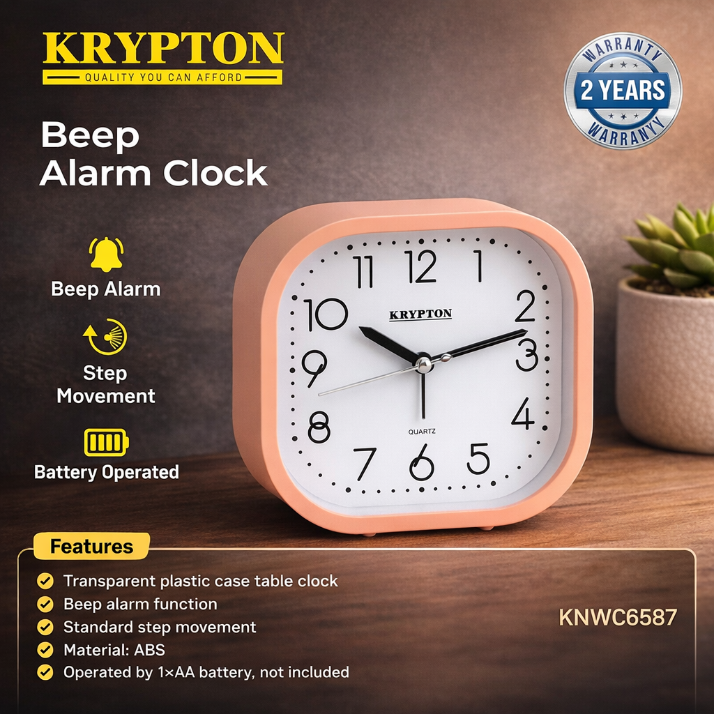 Krypton Beep Alarm Clock KNWC6587 | Analog Square Clock | Step Movement | Battery Operated