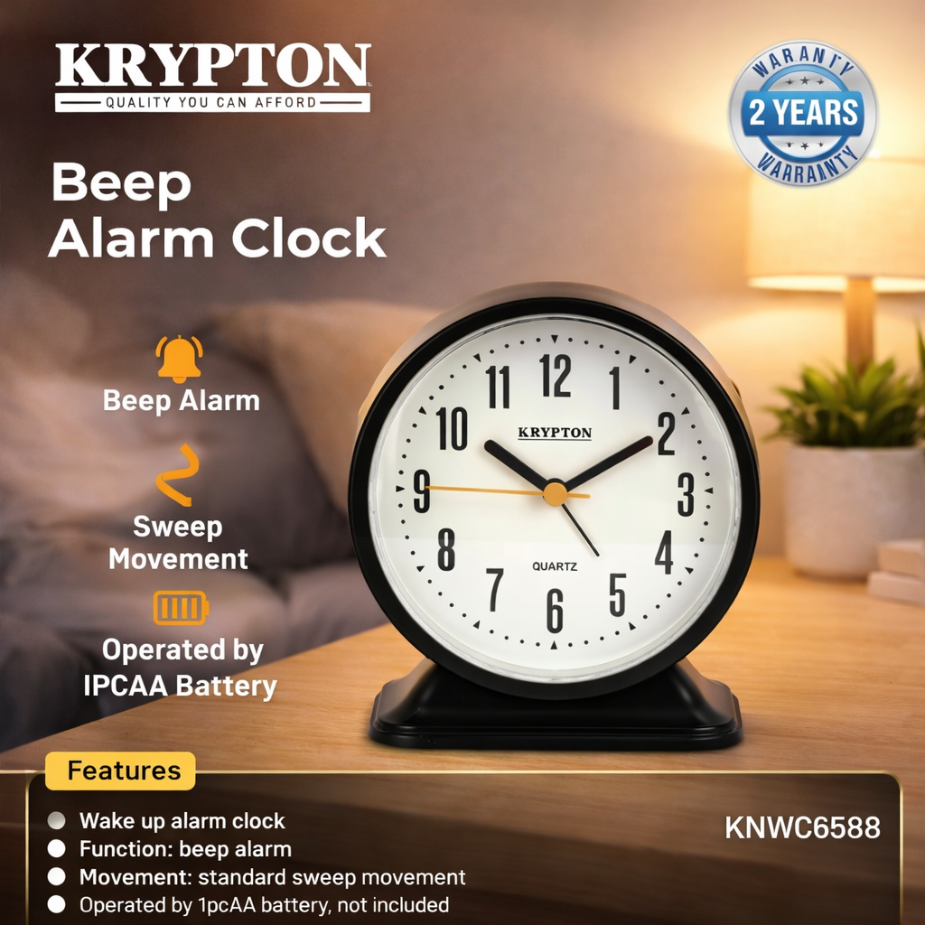 Krypton Beep Alarm Clock KNWC6588 | Analog Quartz Clock | Silent Sweep | Battery Operated