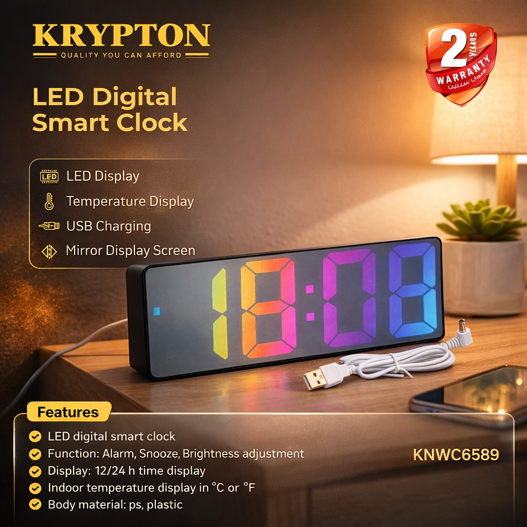 Krypton LED Digital Smart Clock KNWC6589 | Mirror Display | Alarm & Temperature | USB Clock