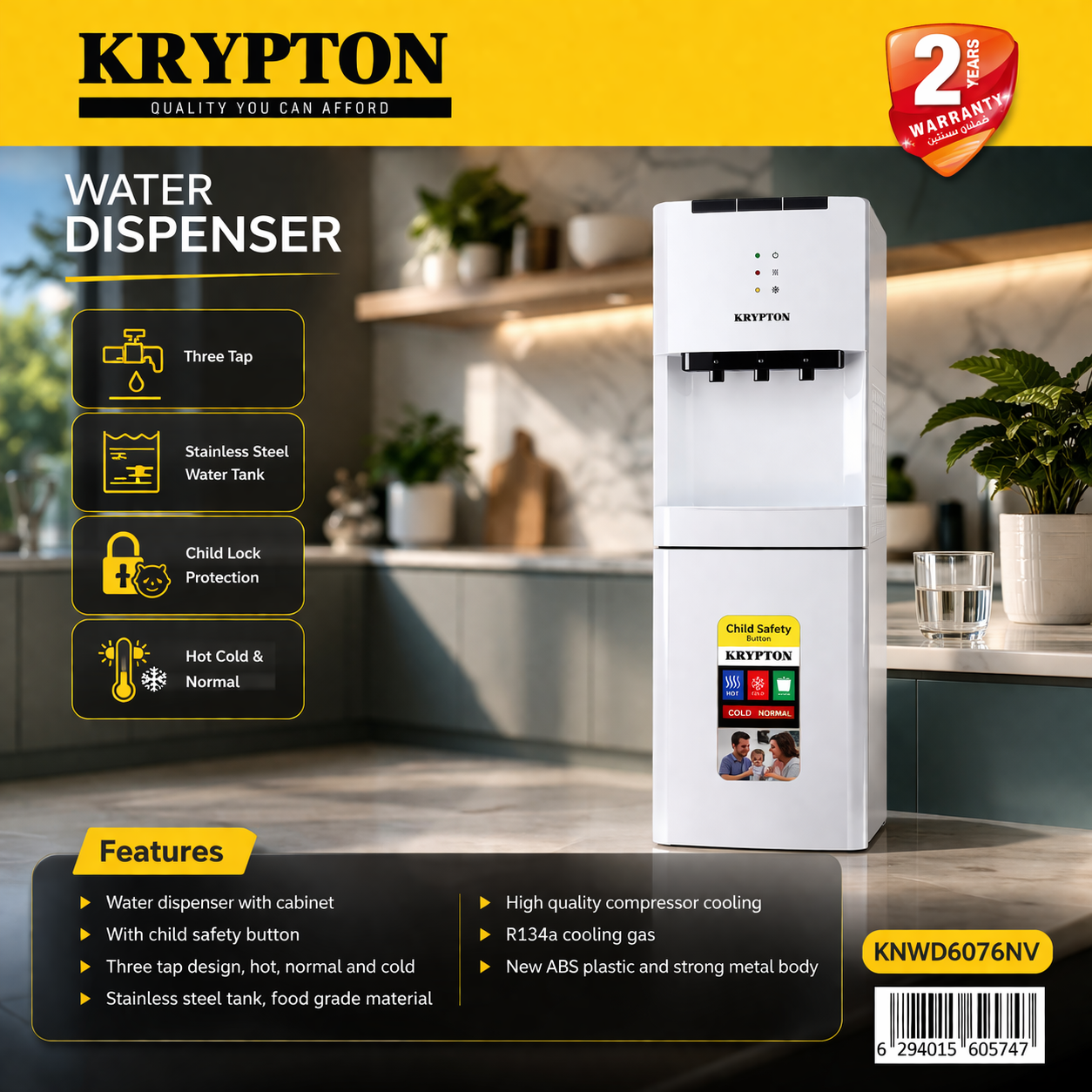 Krypton Water Dispenser KNWD6076NV | 3 Tap Hot & Cold | Cabinet Storage | Child Lock | Floor Standing