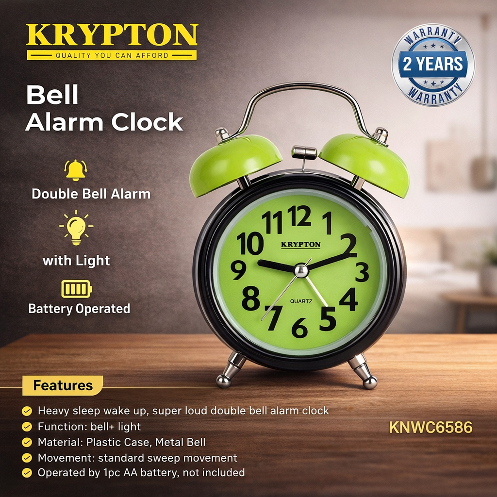 Krypton Bell Alarm Clock KNWC6586 | Double Bell Loud Alarm | Light Function | Analog Quartz Clock