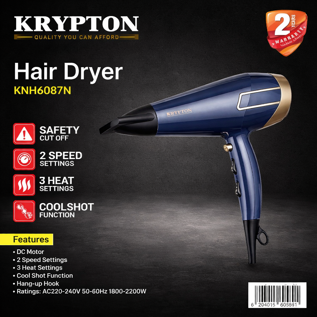 Krypton Hair Dryer KNH6087N | Cool Shot | 3 Heat & 2 Speed Settings | Safety Cut-Off
