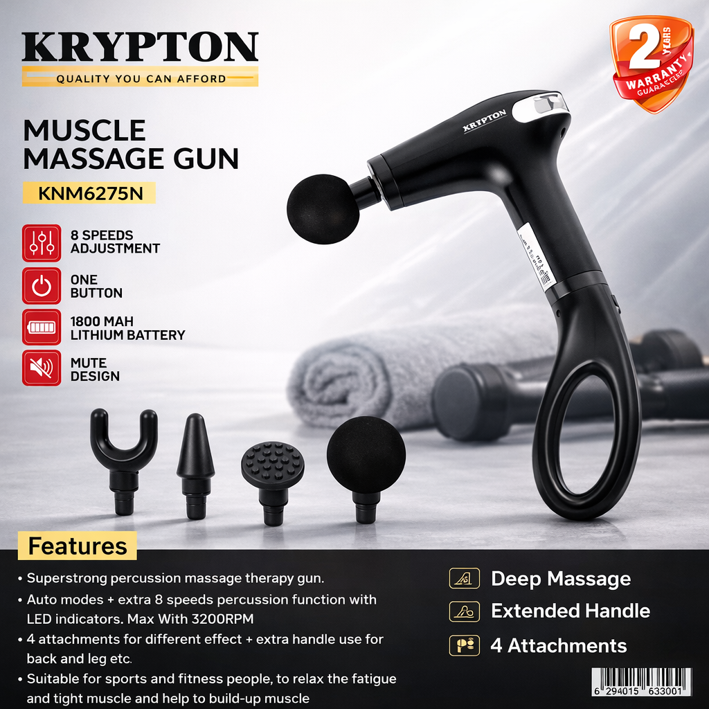 Krypton Muscle Massage Gun KNM6275N | 8 Speeds | Deep Tissue | 4 Attachments | Rechargeable