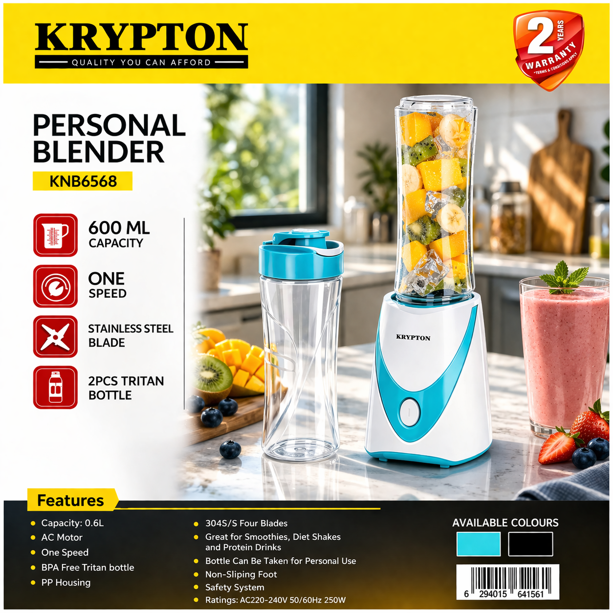 Krypton Personal Blender KNB6568 | 600ml Smoothie Maker | 2 Bottles | Portable Fitness Blender