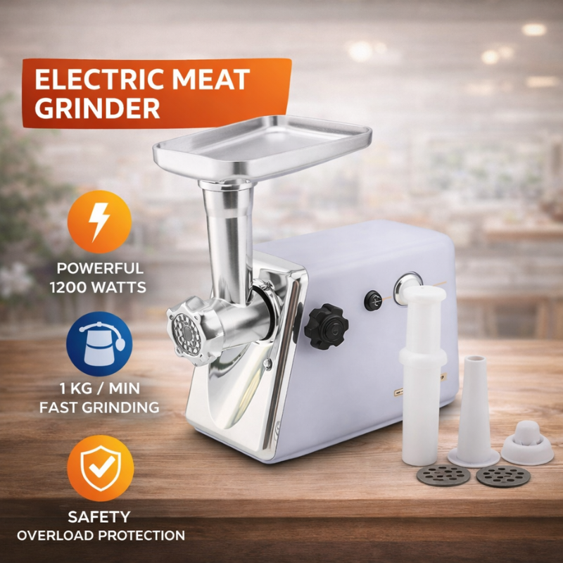Olsenmark OMMG2110 Meat Grinder – 1200W Powerful Motor, 3 Stainless Steel Mincing Plates, Overload Protection – White