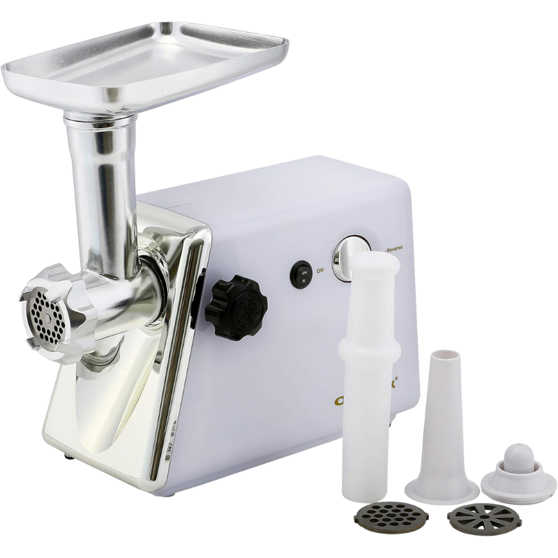 Olsenmark OMMG2110 Meat Grinder – 1200W Powerful Motor, 3 Stainless Steel Mincing Plates, Overload Protection – White