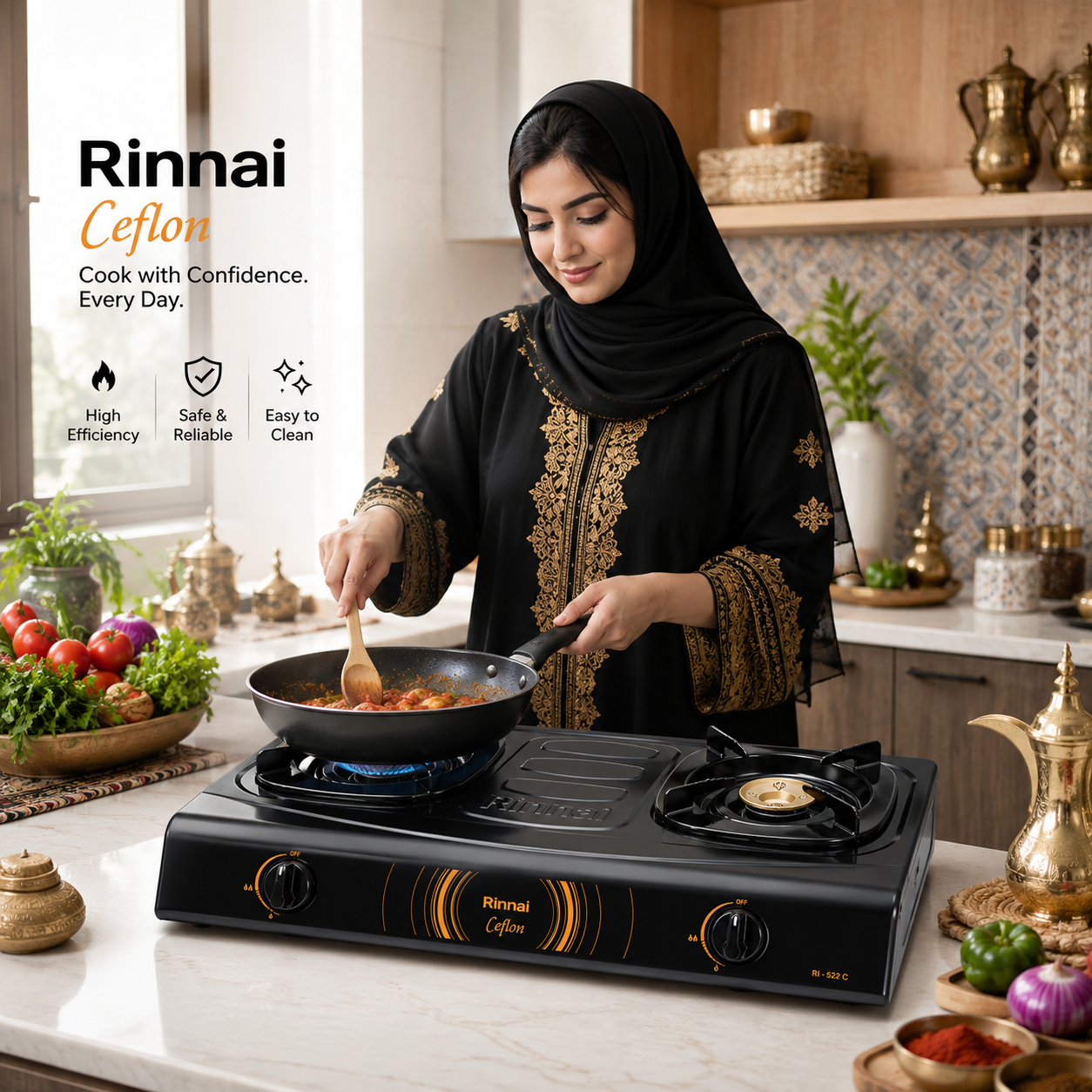 RINNAI RI-522C Table Top Gas Stove | 2 Burners | Stainless Steel Burners with Brass | Gas Saving Design