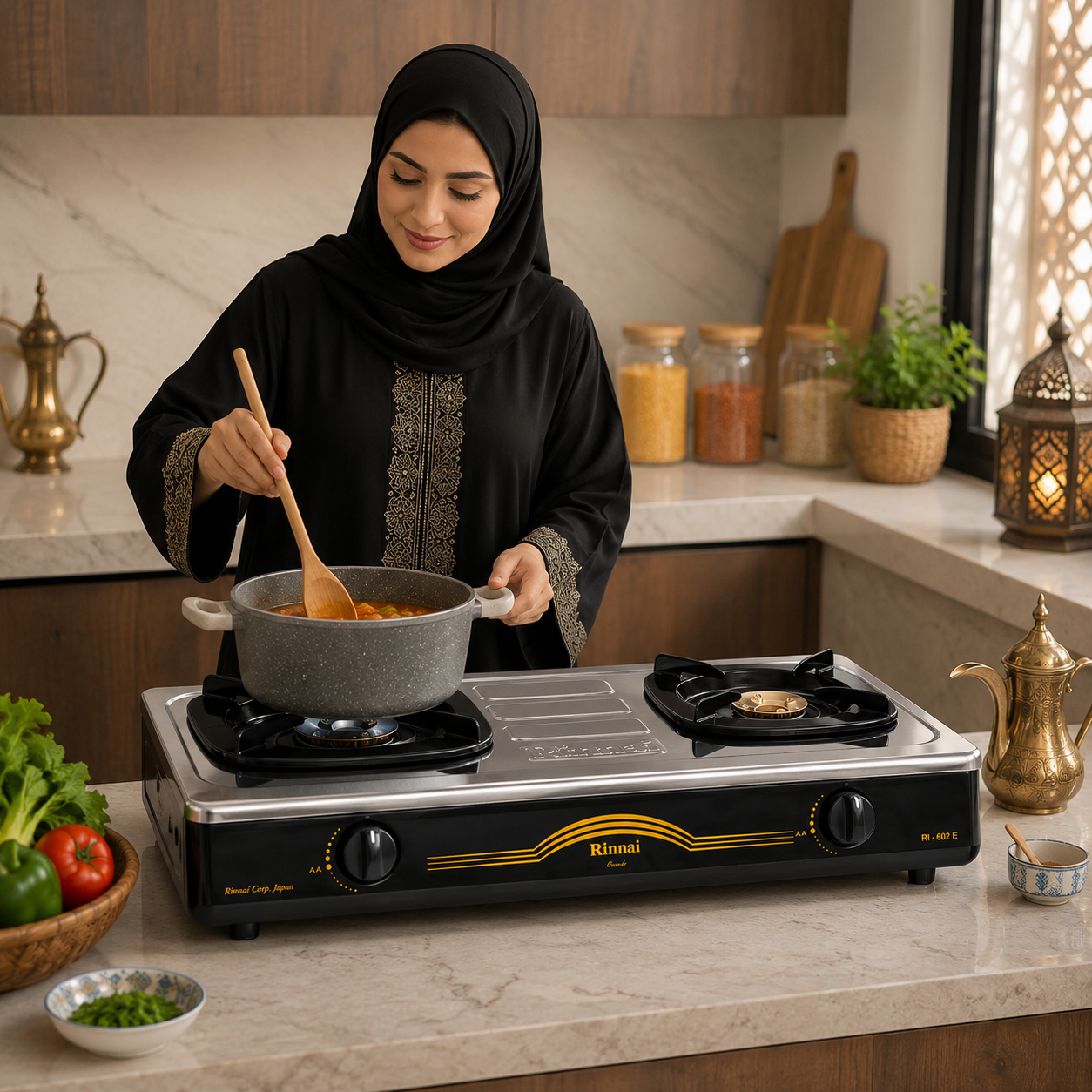 RINNAI RI-602E 2 Burner Table Top Gas Cooker | Stainless Steel Burners with Brass | Gas Saving Design