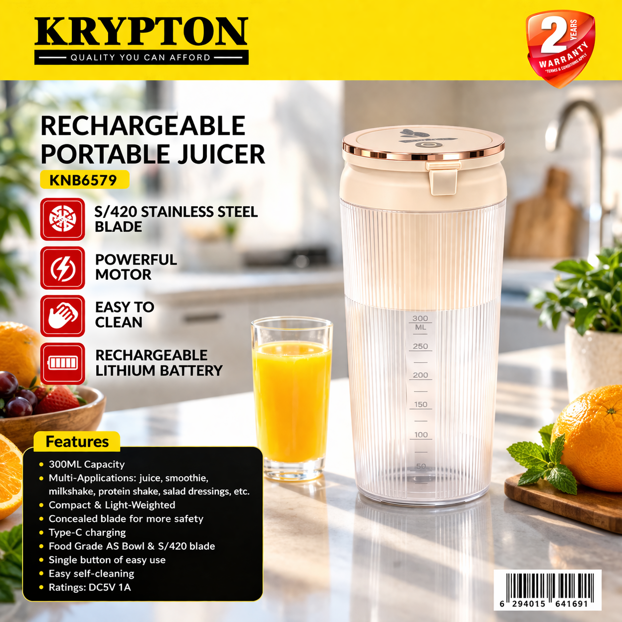 Krypton Rechargeable Portable Juicer KNB6579 | USB Blender | 300ml Mini Smoothie Maker | Travel Juicer