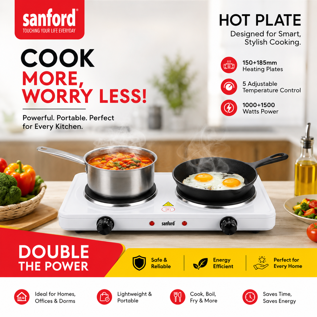 SANFORD Double Electric Hot Plate | 2500W | Dual Heating Plates | 5 Temperature Settings | SF5012HPT