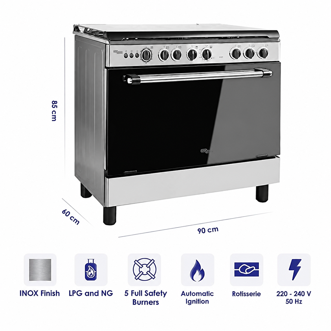 Super General SGC901FS 90×60cm 5 Burner Gas Cooking Range | Full Safety | Gas Oven | Rotisserie