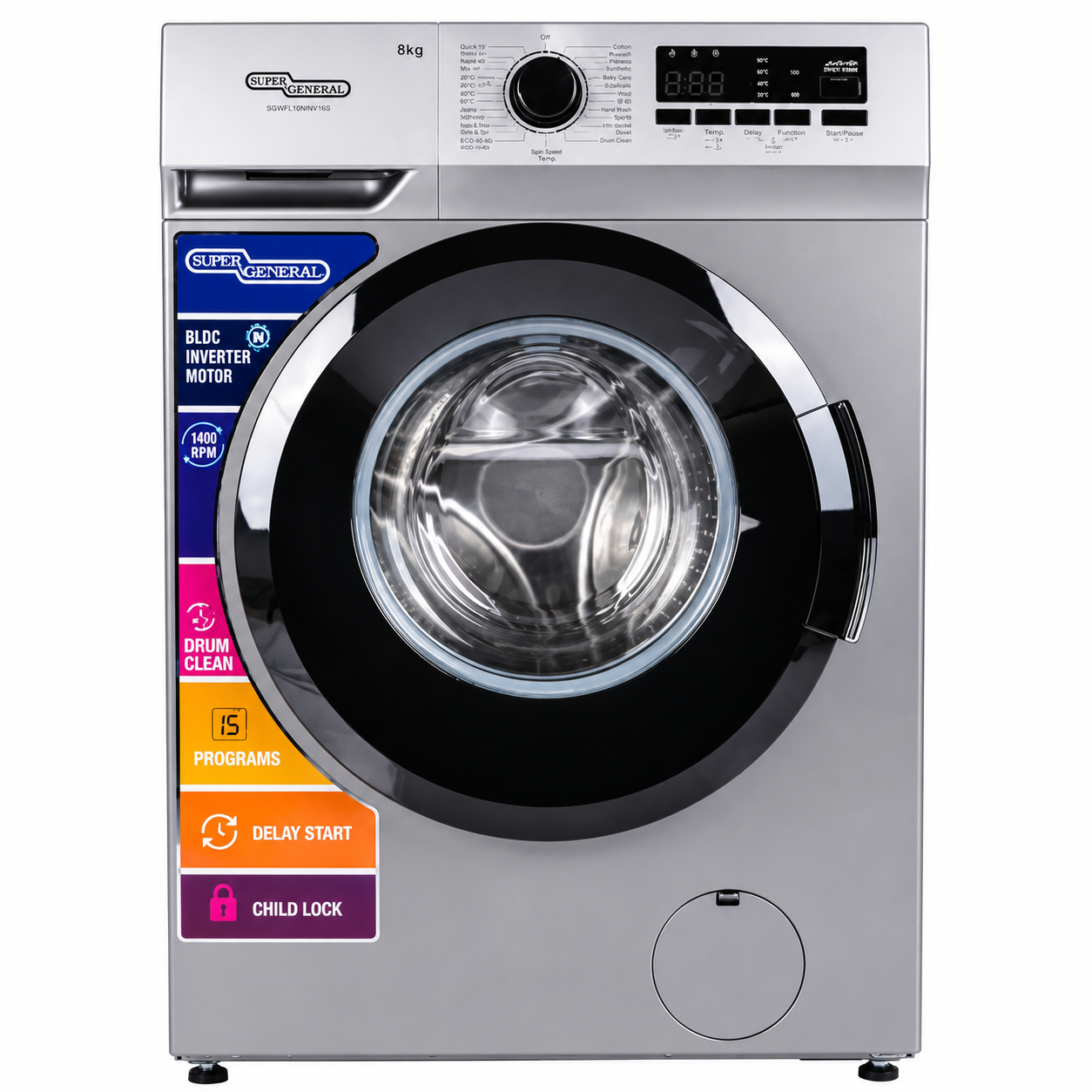 Super General 8KG Front Load Washing Machine SGW8250NLEDS | Inverter | 15 Programs | 1400 RPM | Silver