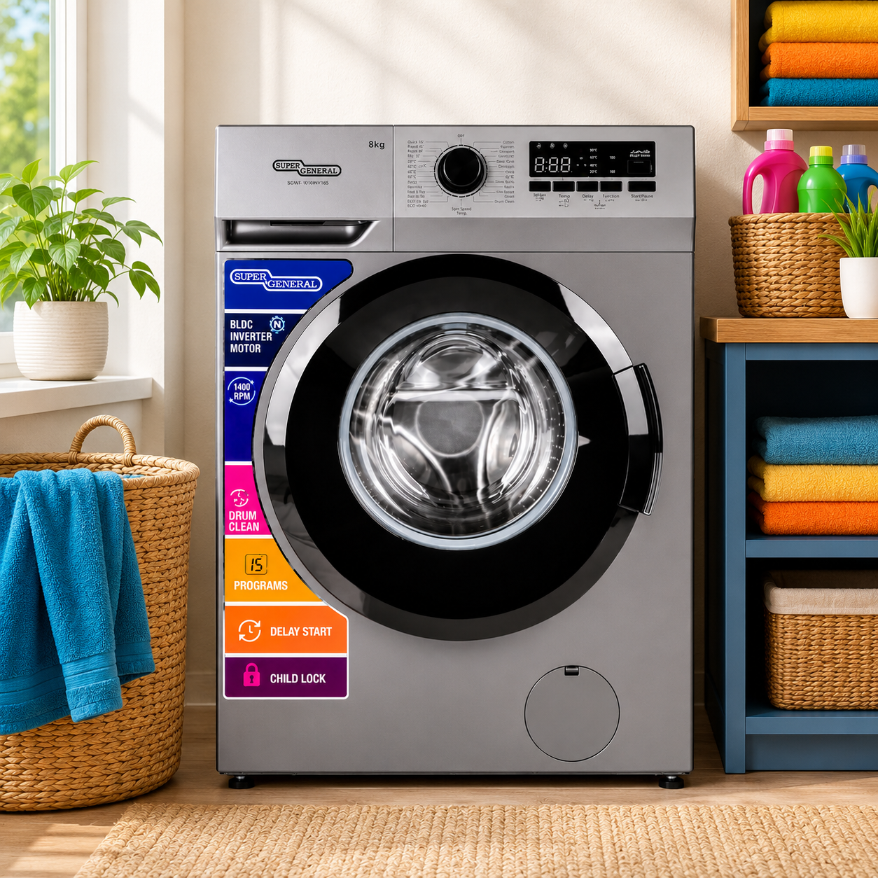 Super General 8KG Front Load Washing Machine SGW8250NLEDS | Inverter | 15 Programs | 1400 RPM | Silver