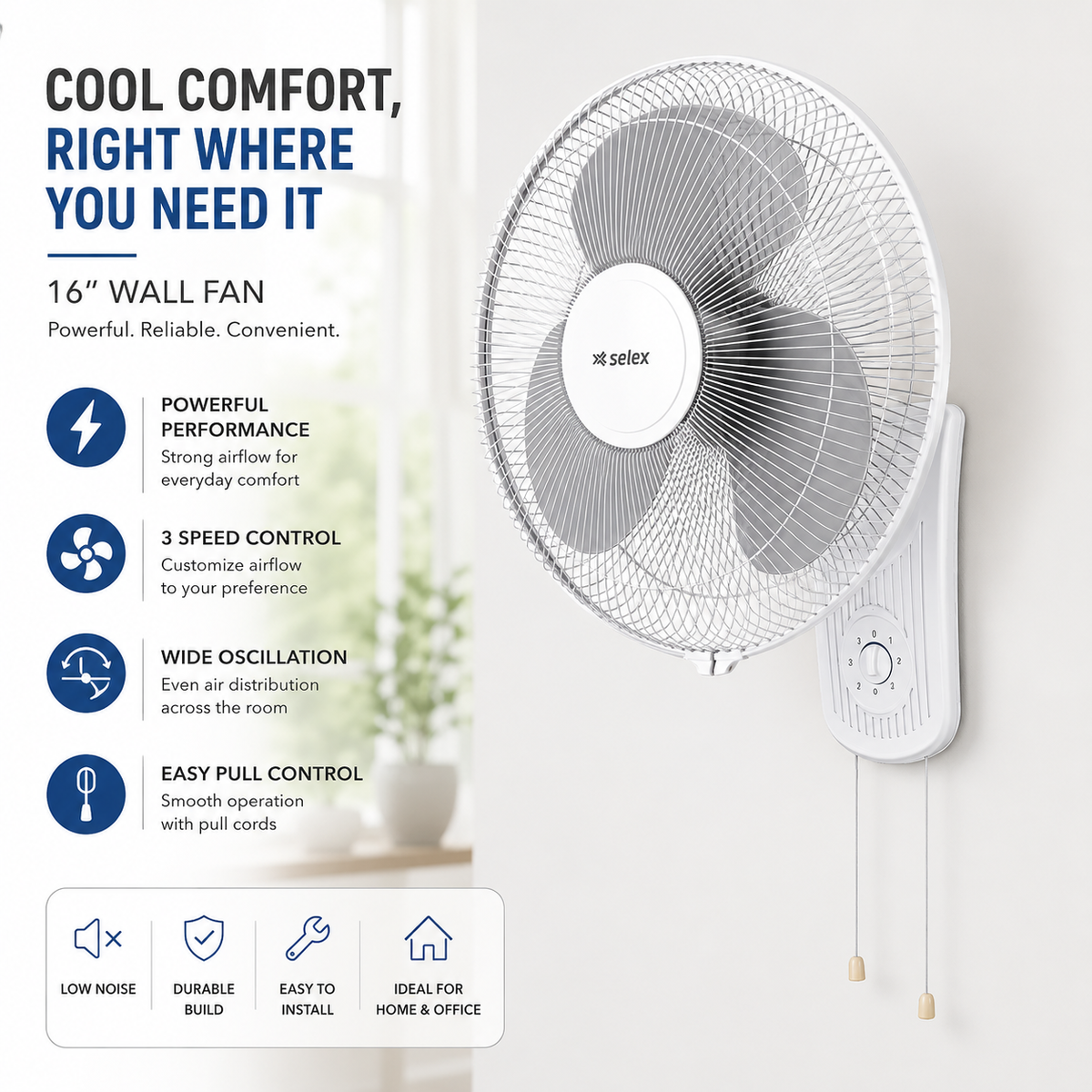 SELEX SWF-16-AB 16-Inch Wall Fan 55W | 3-Speed Copper Motor