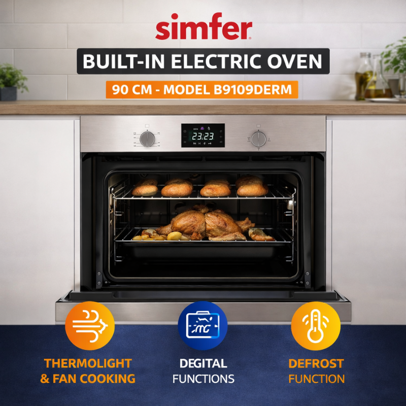 Simfer 90 cm Built-In Electric Oven B9109DERM – 142 L Capacity, 10 Cooking Functions, Twin Fan