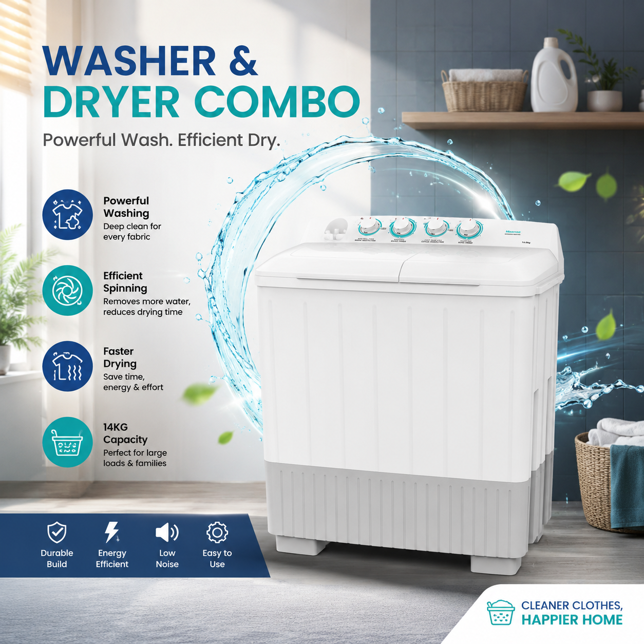 HISENSE 14kg Semi Automatic Twin Tub Washing Machine | 7.5kg Spin | Heavy Duty Motor | XPB140-SXC14